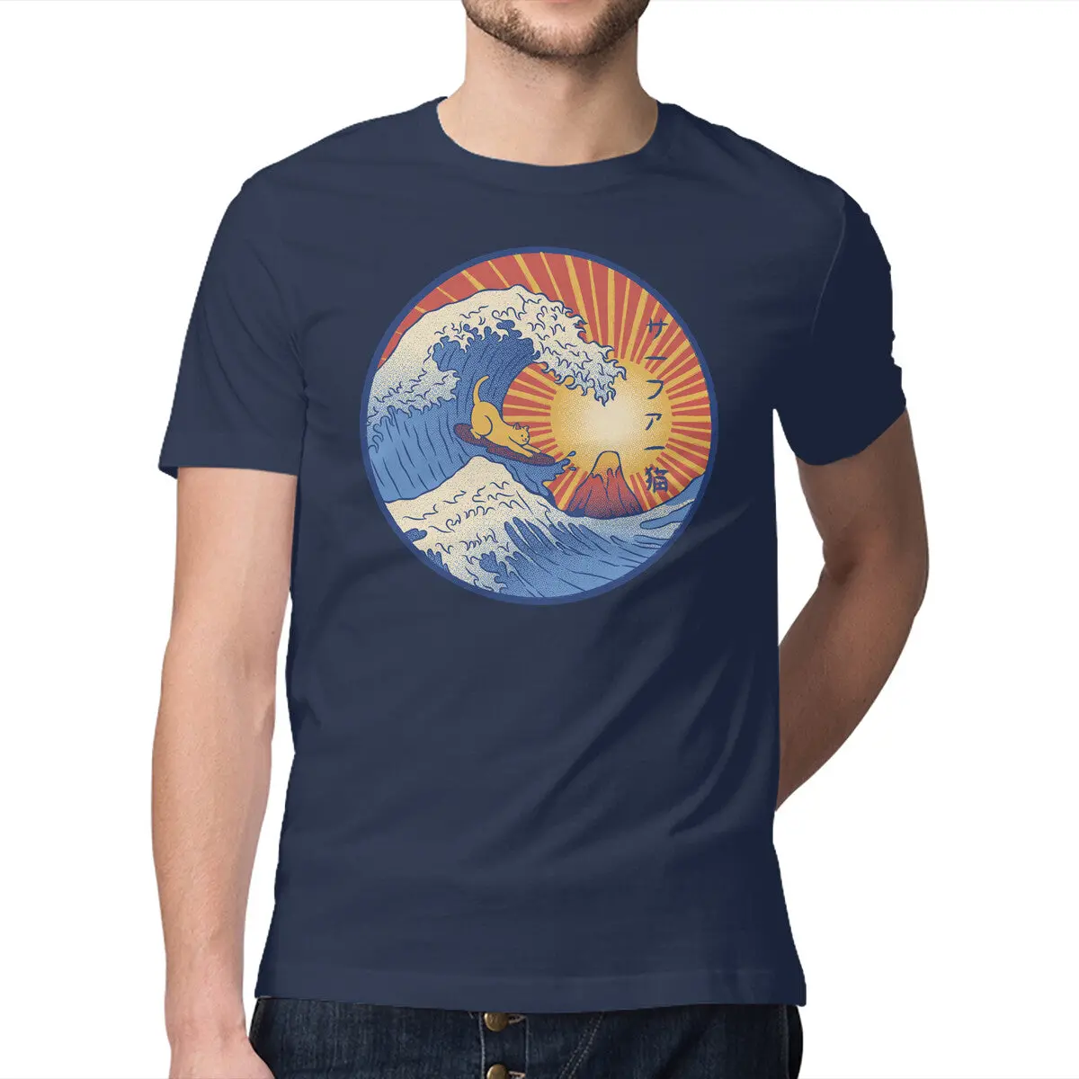 Surfing Cat Kanagawa Wave T-Shirt - Image 9