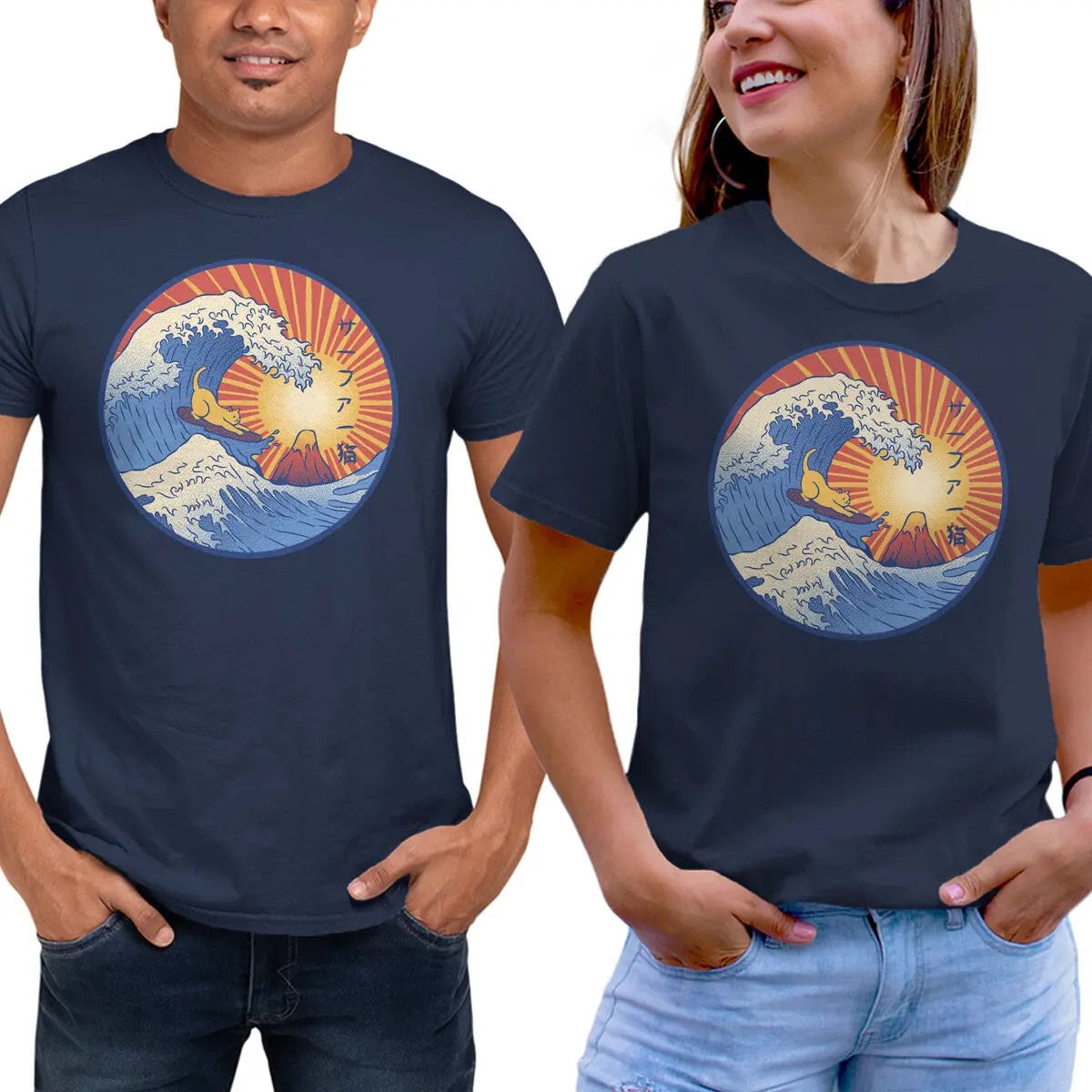 Kanagawa Wave & Surfing Cat T-Shirt - Image 9
