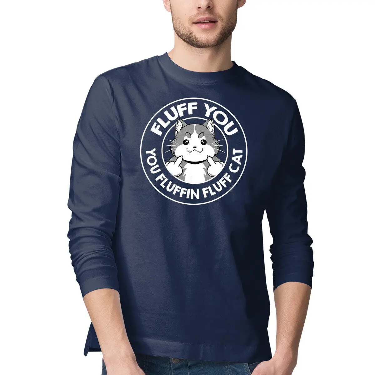 Men's Long-Sleeve Cat T-Shirt – Playful 'Fluff You, Fluffin' Design - Image 4