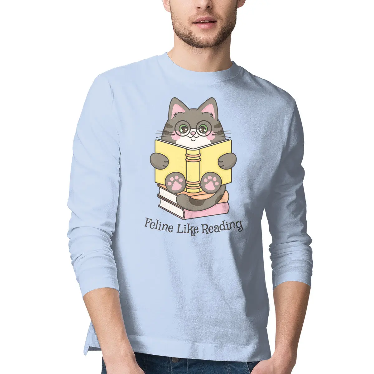Cat-Themed Long-Sleeve Reading T-Shirt for Men - Image 4