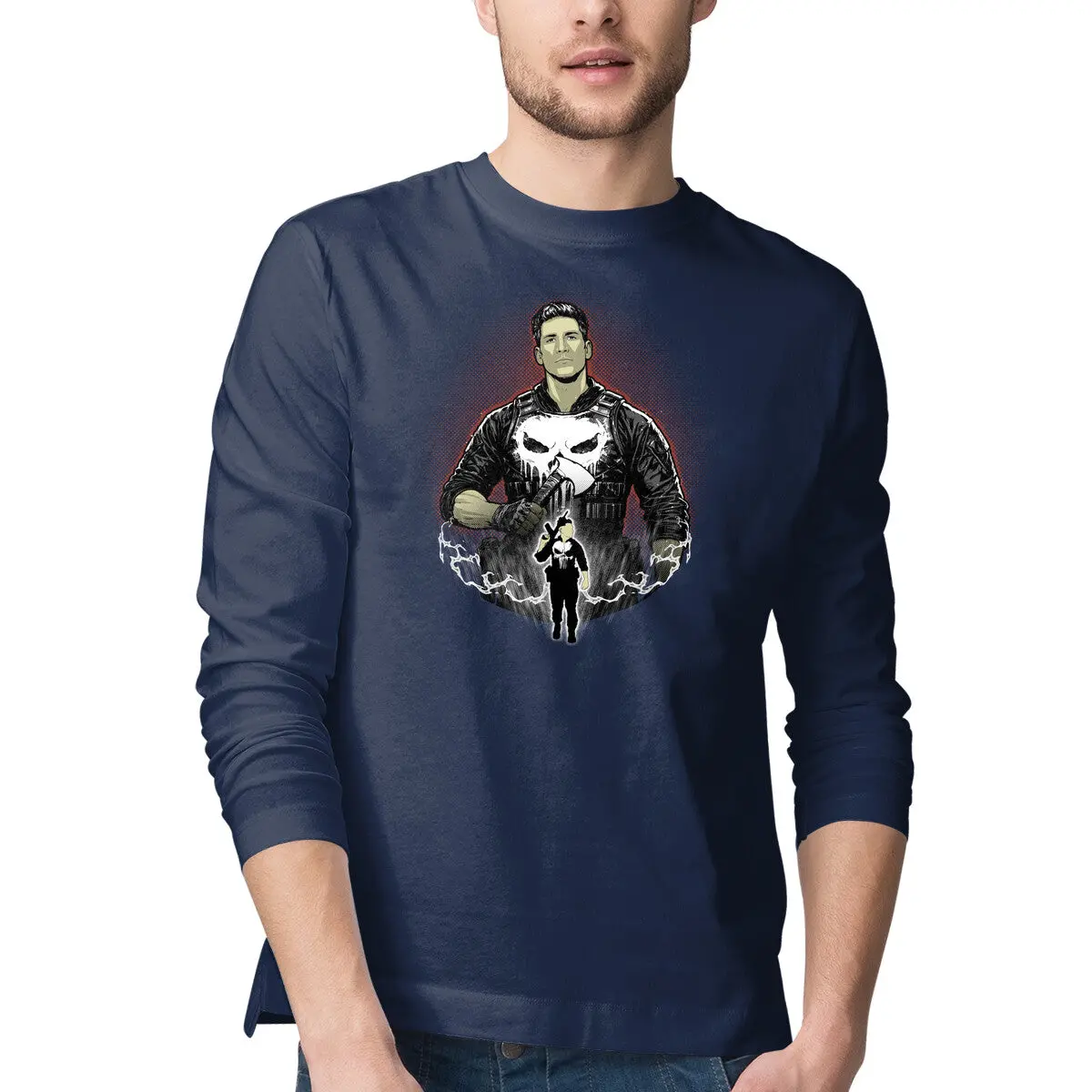 Men's Long-Sleeve Skull T-Shirt – Vigilante Shadow Art - Image 4