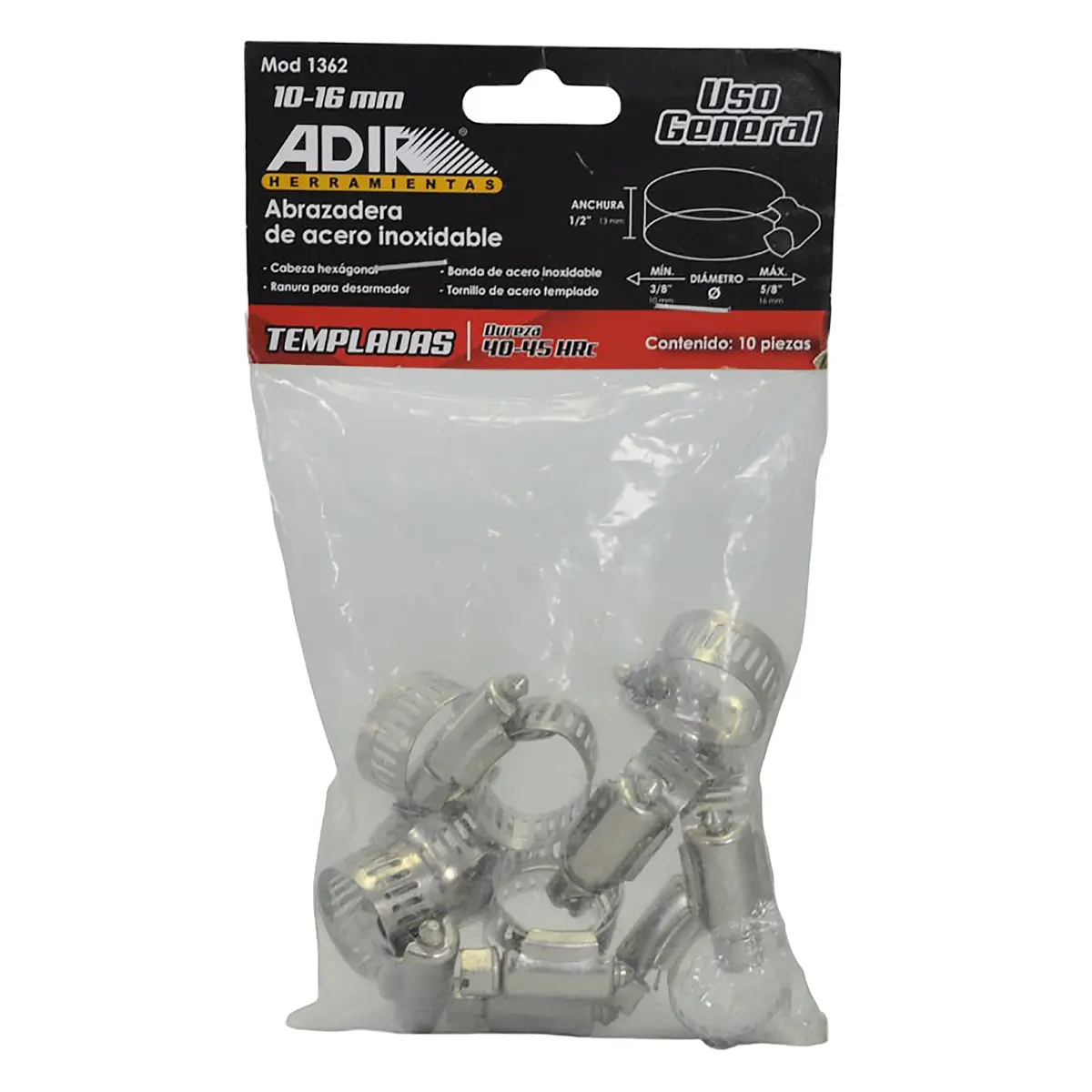 Abrazadera Adir Acero Inoxidable 10-16 Mm Bolsa 10 Pz 1