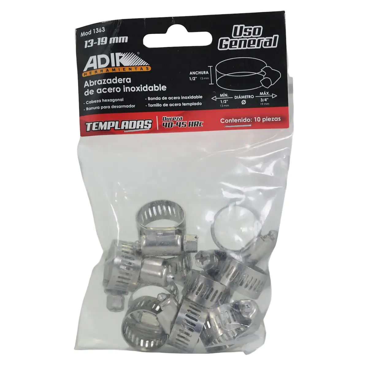 Abrazadera Adir Acero Inoxidable 13-19Mm Bolsa 10 Pz 1
