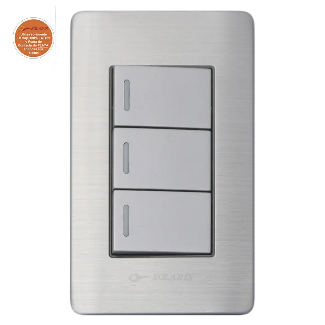 Placa Solaris Acero Inox Con Gris 3 Apagadores Sencillos - La Nueva Eléctrica 1