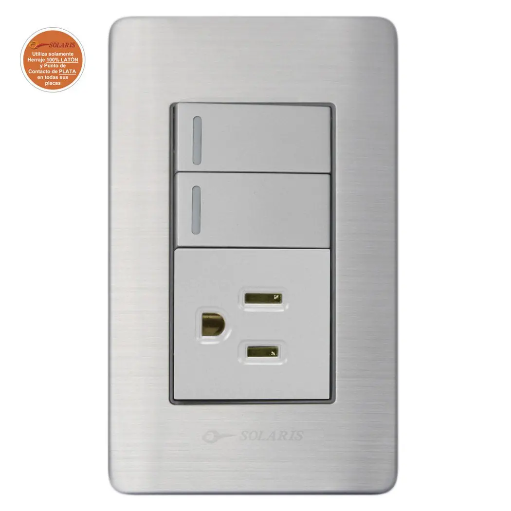 Placa Solaris Acero Inox Con Gris 2 Apagadores Y Contacto Polarizado - La Nueva Eléctrica 1