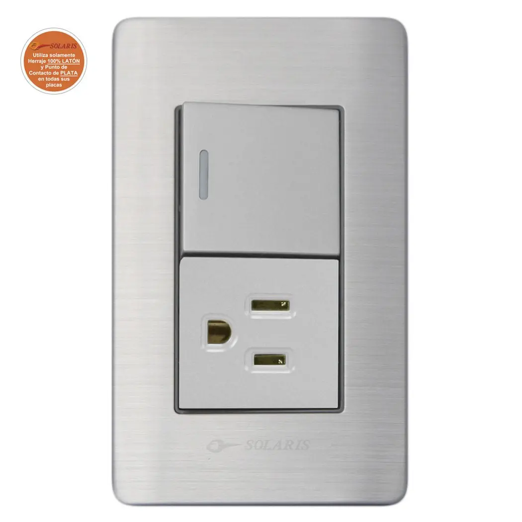 Placa Solaris Acero Inox Con Gris Contacto Polarizado Y Apagador Sencillo - La Nueva Eléctrica 1