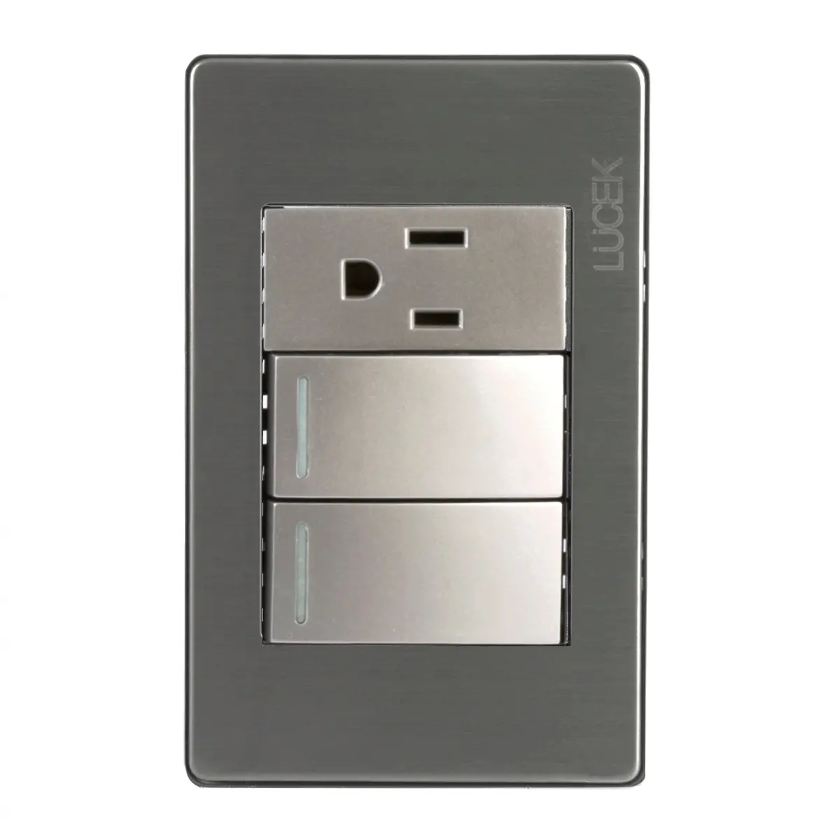 Placa Lucek Metálica 2 Apagadores 1 Contacto Plata - La Nueva Eléctrica 1