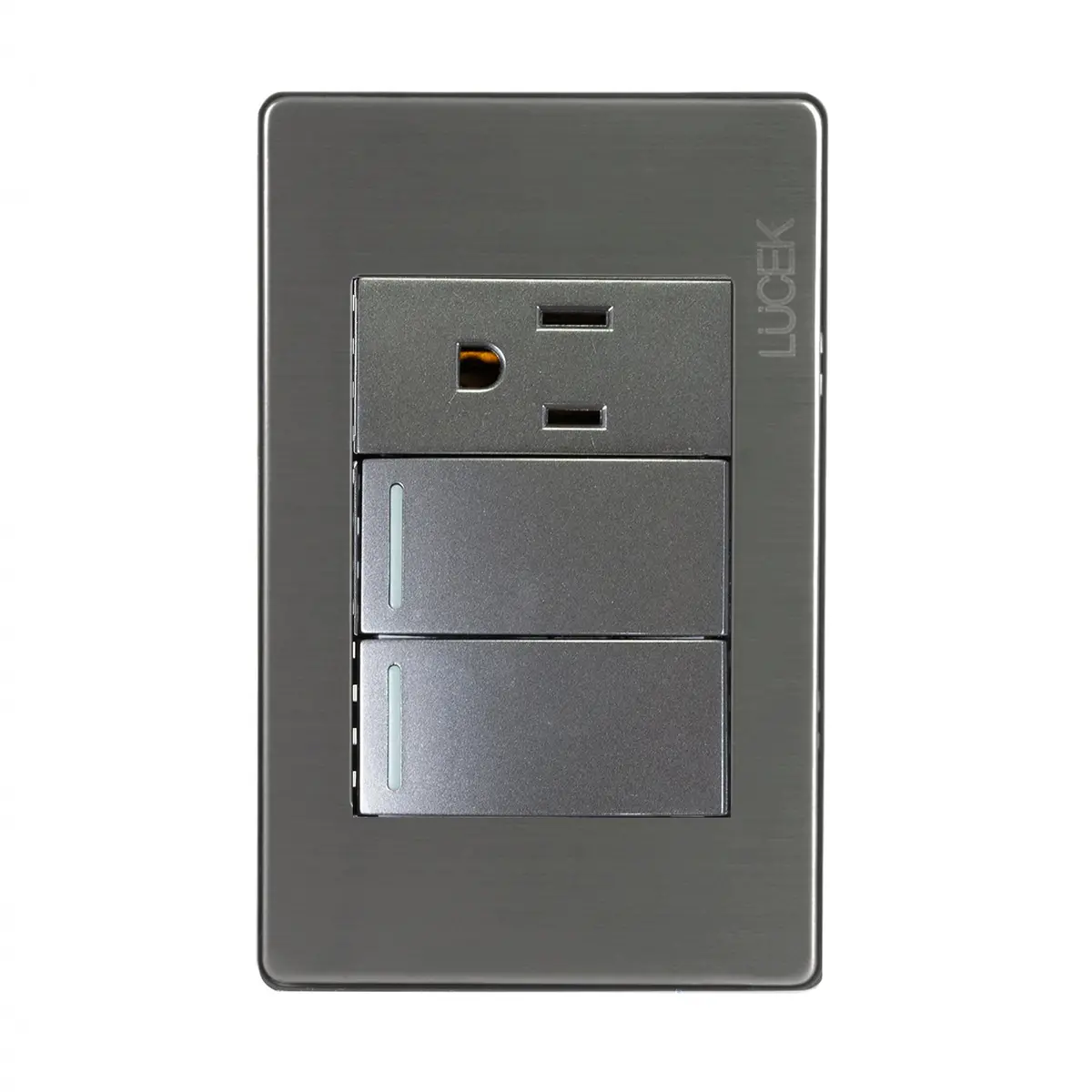 Placa Lucek Metálica 2 Apagadores 1 Contacto Anodizado - La Nueva Eléctrica 1