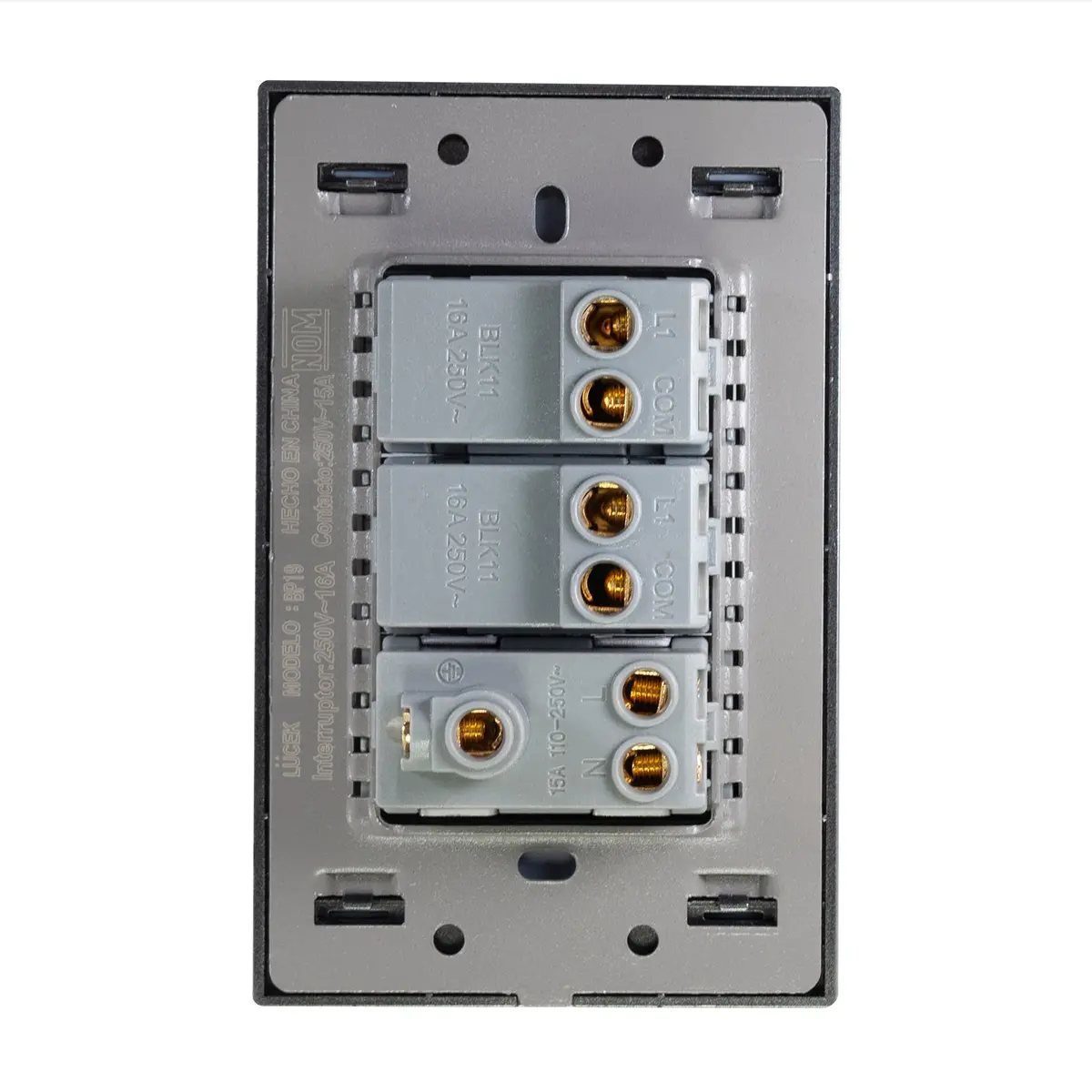 Placa Lucek Metálica 2 Apagadores 1 Contacto Anodizado - La Nueva Eléctrica 2