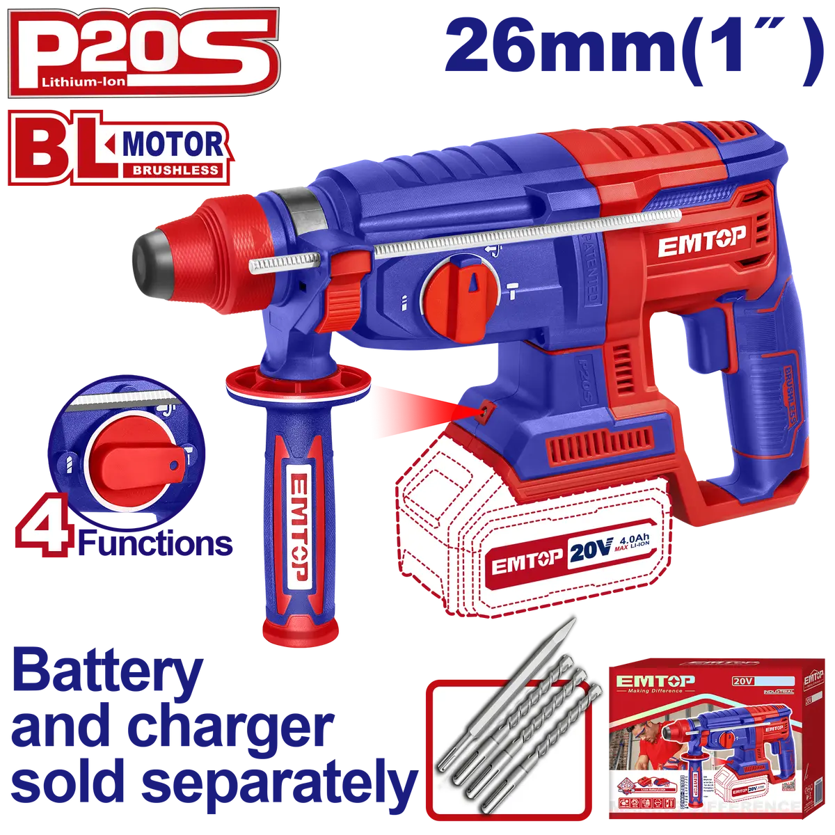 Rotomartillo Emtop Sds Plus Inalámbrico 4.5J 20V - La Nueva Eléctrica 1