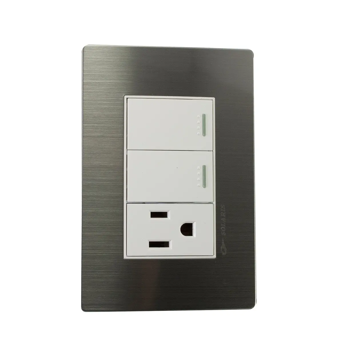 Placa Solaris Acero Inoxidable Con Base Blanca 2 Apagadores 1 Contacto - La Nueva Eléctrica 1