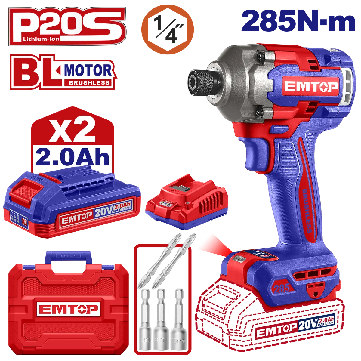 Pistola De Impacto Emtop 285Nm Inalámbrica Kit 2 Baterías Y Cargador - La Nueva Eléctrica 1