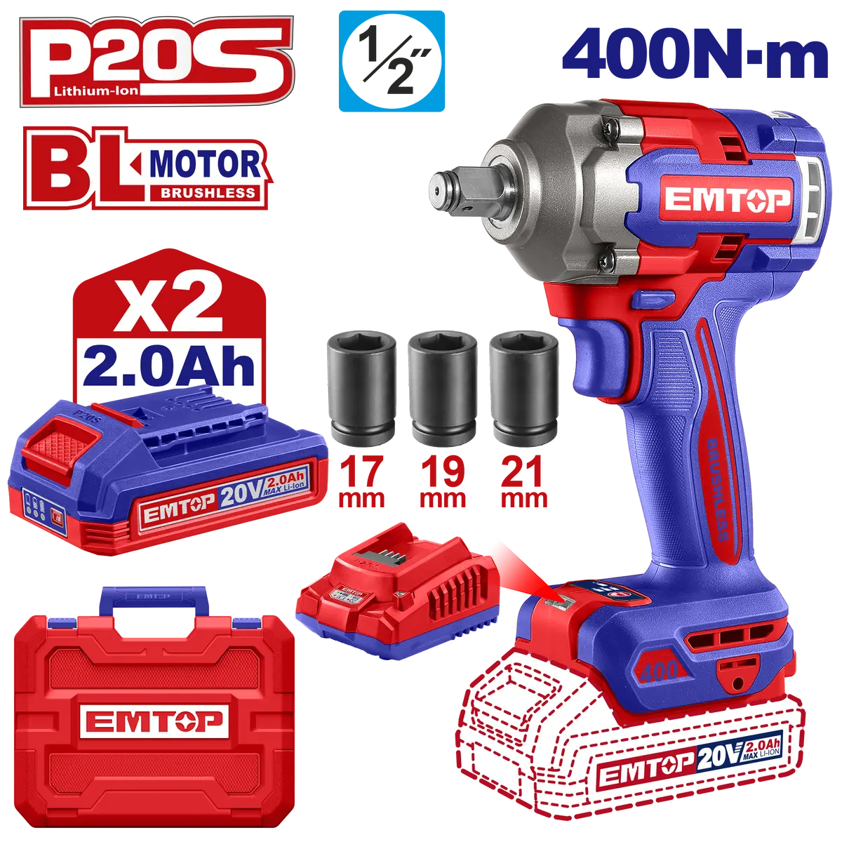 Pistola De Impacto Emtop 400Nm Inalámbrica Kit Dados Y Accesorios - La Nueva Eléctrica 1